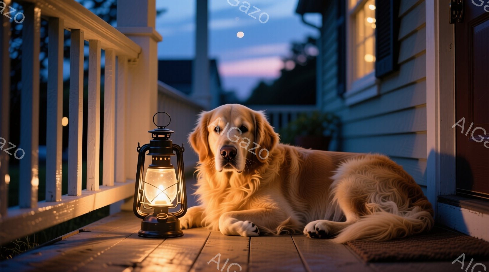 明るい黄金色の毛並みを持つゴールデンレトリバーが、家のベランダの木製床に横たわっています。家の壁は白く、小さな提灯がベランダのそばに置かれ、温かい光を放っています。背景には夕焼け空と、ぼやけた緑の木々が見え、静かで穏やかな夜の雰囲気を醸し出しています。