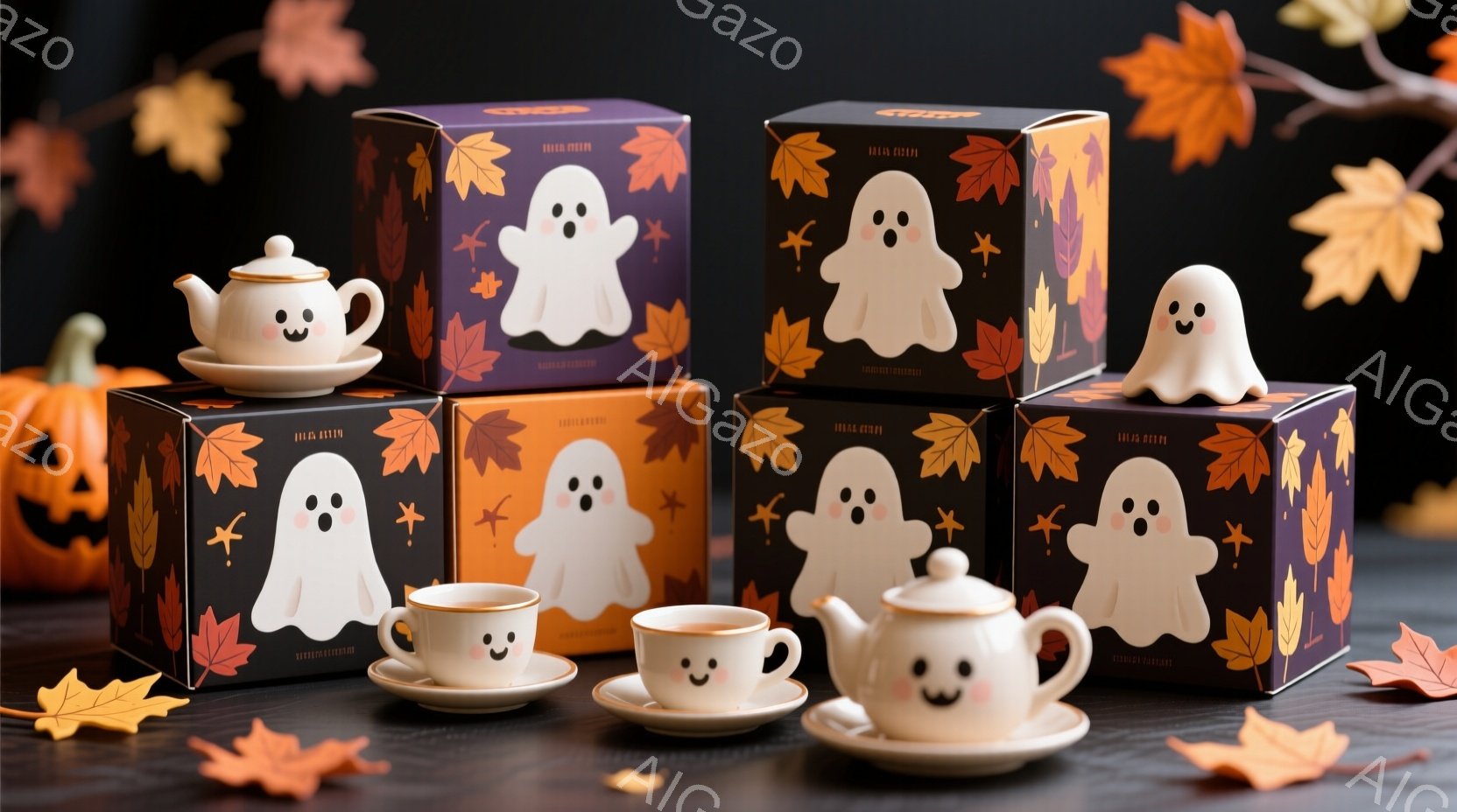 暗い背景にハロウィーンをテーマにしたティーセットが並べられています。白いお化けのイラストが描かれたオレンジ色の箱に入ったティーポットとティーカップが、落ち葉と共に配置されています。全体的に秋らしい、暖かく、少し不気味な雰囲気を醸し出しています。