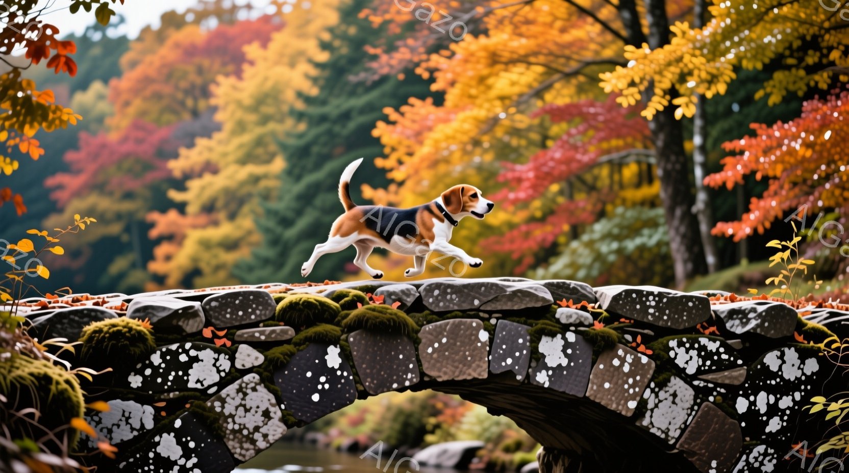 一匹のビーグル犬が苔むした石造りのアーチ橋の上を駆け抜けている。背景には鮮やかな紅葉の木々と、穏やかな水面が広がり、秋の暖かく穏やかな雰囲気を醸し出している。犬は活発で楽しそうに走り、その姿は自然の美 - AI生成フリー素材