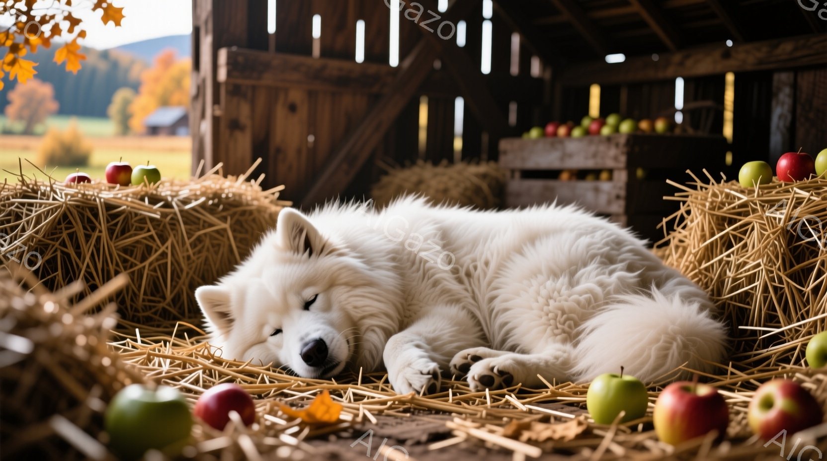 白い毛並みの犬が、藁の山の中で横になって眠っています。背景には木造の建物と、秋らしい紅葉の風景が広がり、リンゴがいくつか散らされています。穏やかで、暖かく、静かな秋の日の雰囲気が伝わってきます。 - AI生成フリー素材
