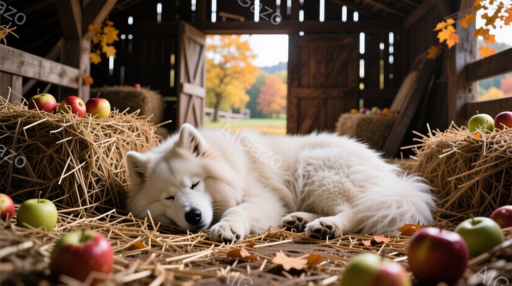 白い毛並みの大型犬が、藁の山の中に横たわって眠っています。周囲には赤いリンゴが散らばっており、背景には木製の納屋の開いた扉と、秋の紅葉に染まった自然が見えます。温かみのある光と藁の質感、そして犬の穏やかな表情が、リラックスした秋の雰囲気を演出しています。