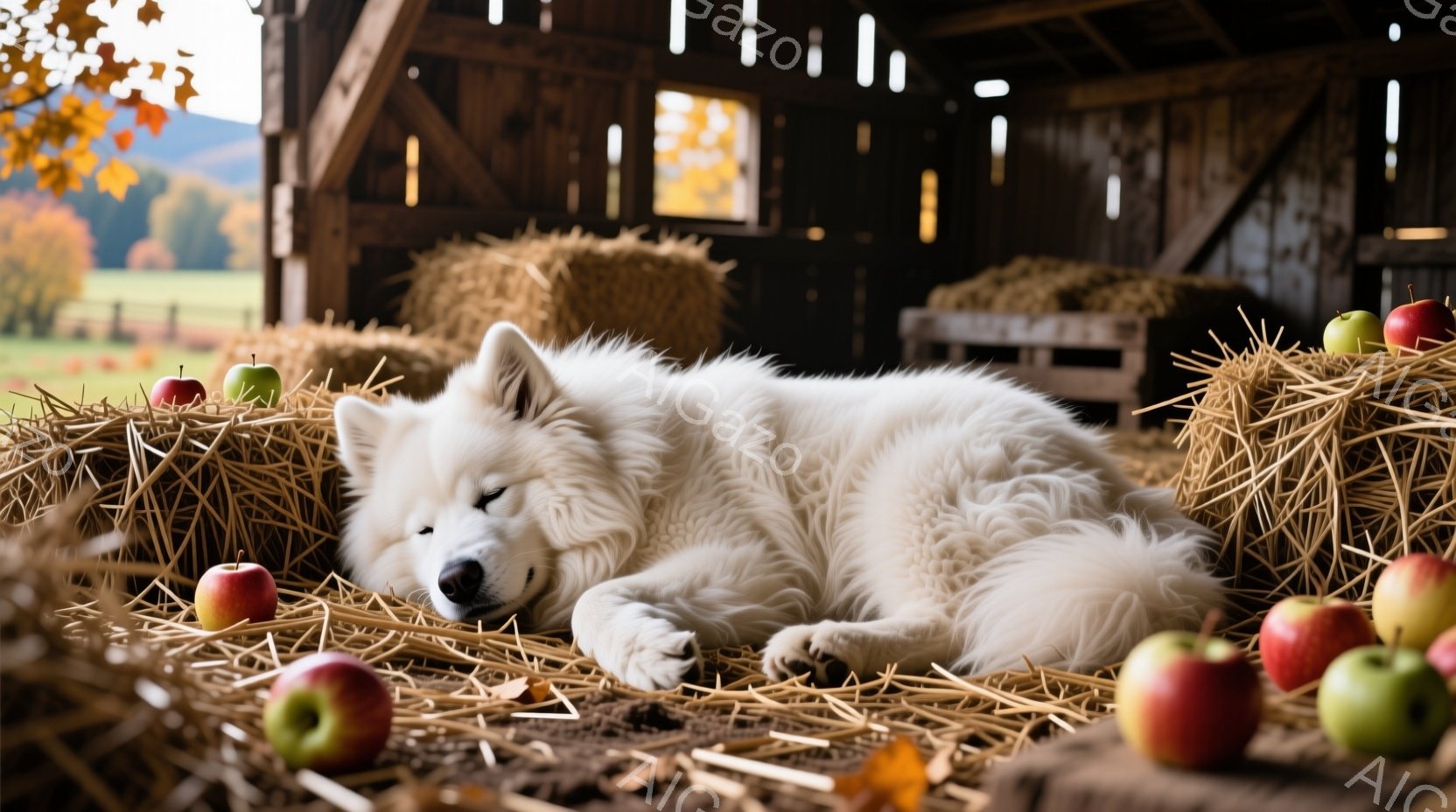 白い毛並みの大きな犬が干し草の上に横たわって眠っています。周囲には赤いリンゴがいくつか散らばっており、背景には木製の納屋と秋の風景が広がっています。暖かく、のどかな雰囲気で、犬はリラックスして穏やかな時間を過ごしているようです。