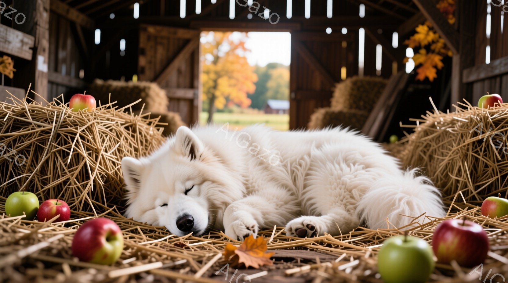 白くふわふわの犬が、藁の山の中で安らかに眠っています。背景には木製の納屋があり、秋らしい紅葉とリンゴが散らばり、穏やかな秋の日の雰囲気を醸し出しています。犬の周りの藁の色合いと、背景の暖色系の色調が、全体的に温かく、リラックスした印象を与えています。