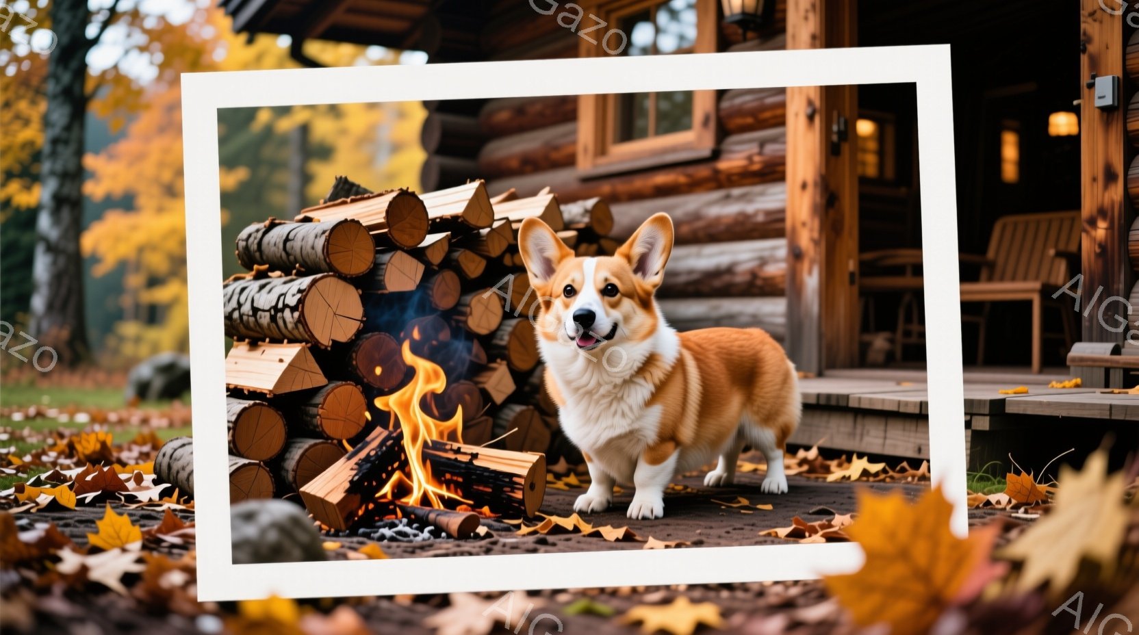 秋の庭に、コルギ犬が暖炉のそばで微笑んでいます。背景には、木製の家と紅葉の木々が見え、落ち葉が庭を覆っています。暖炉の火が暖かさを添え、穏やかで秋らしい雰囲気を醸し出しています。