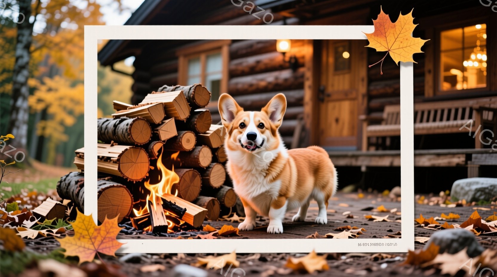 秋の色彩が豊かな一枚で、木材を積んだそばにコーギーが立っている。背景にはログハウスが見え、秋の落ち葉が地面に散らばり、温かく穏やかな雰囲気を醸し出している。コーギーは前方をまっすぐ見つめ、堂々とした姿 - AI生成フリー素材