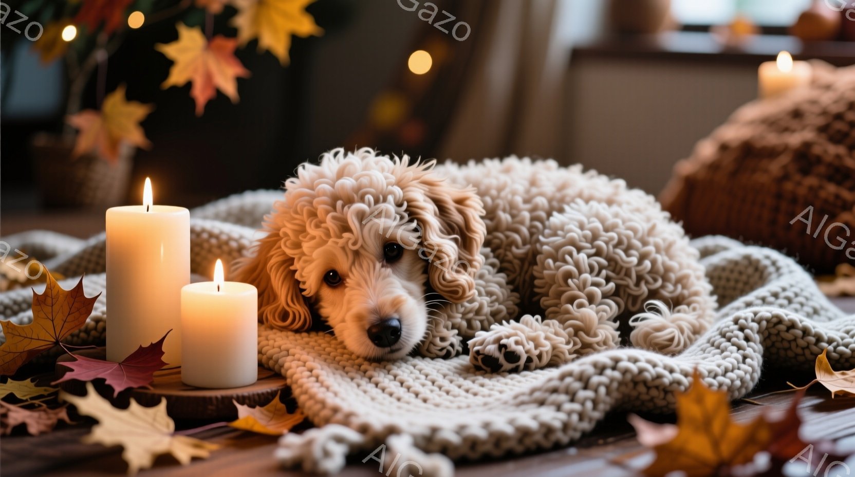 秋のスタイルで作られたもので、中央に小さなコーギーが撒いている。コーギーは穏やかな表情をしており、自分を包んだクッションの上に座っている。背景には秋のリーフがあり、それに加えて、細い白の電球が横向きに立つ。画像全体として、この様子は心地よく温かい、悲しみなしの秋のリラクスです。