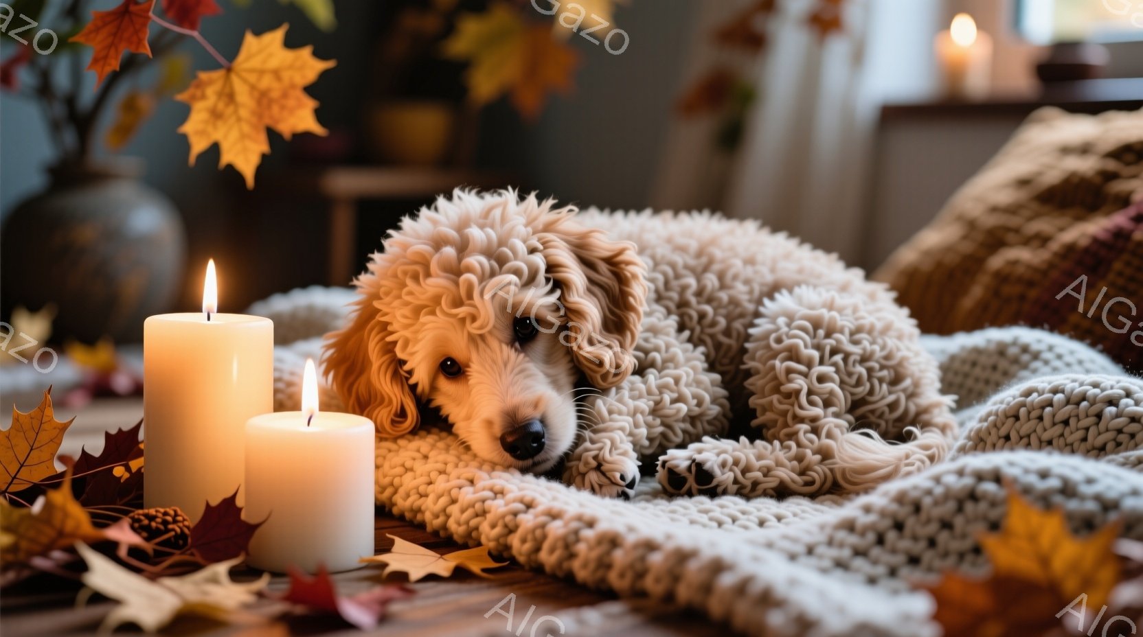暖炉のある木製のテーブルの上に、ふわふわのクリーム色のプードルが横たわっています。犬はリラックスした表情で、手足を伸ばしてニットのブランケットに寄りかかっています。背景には、燃え盛るキャンドル、散らば - AI生成フリー素材