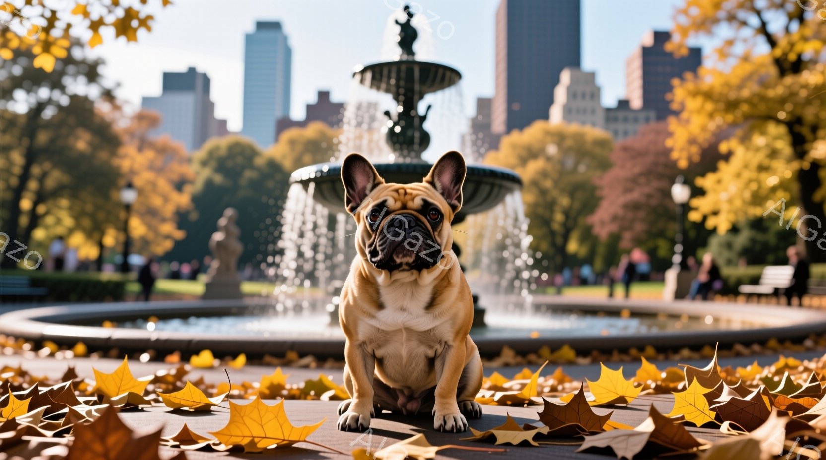 クリーム色のフレンチブルドッグが、公園の噴水の前に座ってこちらを見つめています。背景には高い建物と、秋の紅葉で色づいた木々が見え、晴れた秋の日の穏やかな雰囲気が漂っています。地面には落ち葉が散らばり、季節感を演出しています。