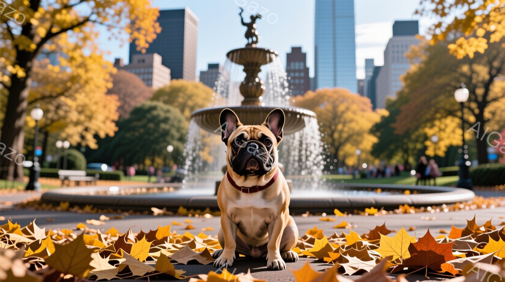 クリーム色のフレンチブルドッグが、公園の噴水の前に座っています。地面には紅葉が散らばり、秋の雰囲気が漂っています。背景には高層ビル群と、黄色の葉で覆われた木々が見え、晴れた秋の日の穏やかな光景が広がっています。