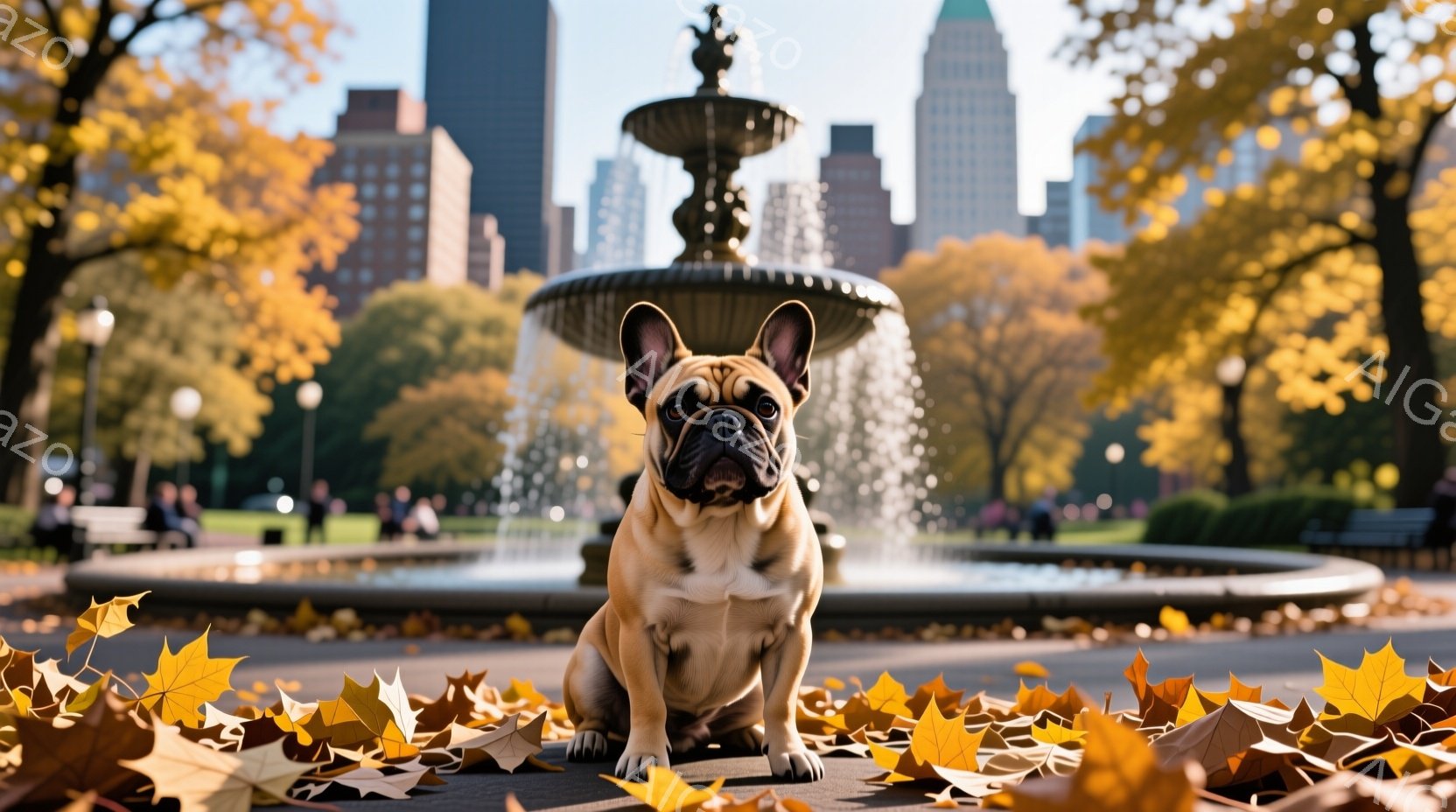 クリーム色のフレンチブルドッグが公園の噴水の前に座ってこちらを見ています。背景には高層ビル群と、秋色の葉が散りばめられた遊歩道が広がっており、穏やかで鮮やかな秋の日の雰囲気が感じられます。葉っぱが地面に散らばり、犬の周りに秋の彩りを添えています。