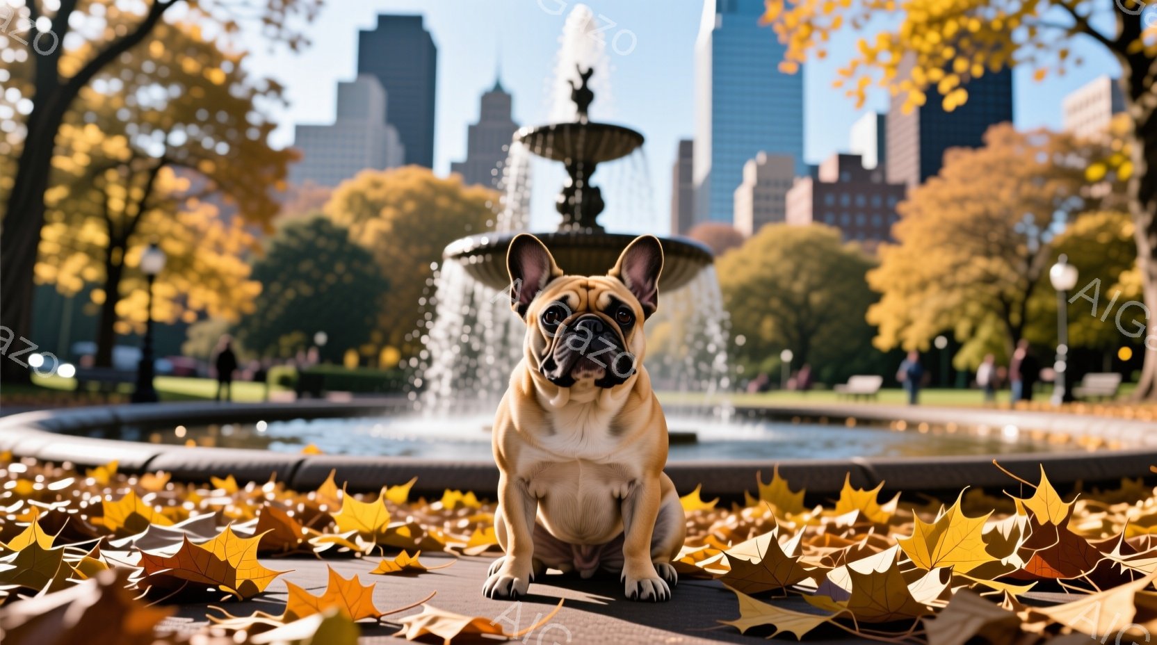クリーム色のフレンチブルドッグが、秋の公園にある噴水の縁に座って正面を見つめています。背景には高い建物と、紅葉で色づいた木々が広がっており、暖かい日差しが降り注いでいます。落ち葉が地面に散らばっており、穏やかで美しい秋の雰囲気を醸し出しています。