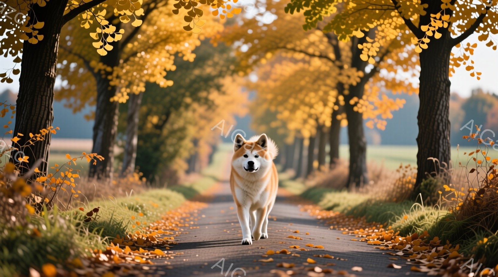 秋の並木道を、柴犬が堂々と歩いている。鮮やかな黄色の葉が道と地面を覆い、犬の赤茶色の毛並みと美しいコントラストを作り出している。光が差し込む並木道は暖かく、平和で穏やかな雰囲気を醸し出している。 - AI生成フリー素材