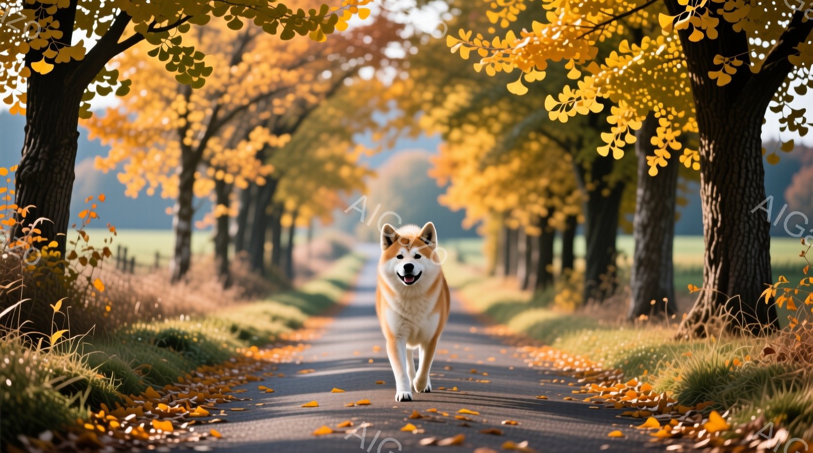 鮮やかな黄色の葉が並ぶ道の中央を、柴犬が前方を向いて歩いている。犬は口を開けて微笑んでいるように見え、活気に満ちた表情をしている。背景には高い木々と緑の草地が広がり、穏やかで秋らしい雰囲気を醸し出している。