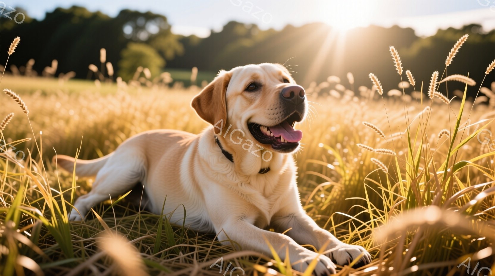 クリーム色のラブレットが黄金色の麦畑に横たわっています。犬は口を開けて楽しそうに微笑み、リラックスした様子が伺えます。背景には緑豊かな木々と太陽の光が差し込み、温かく平和な雰囲気を醸し出しています。