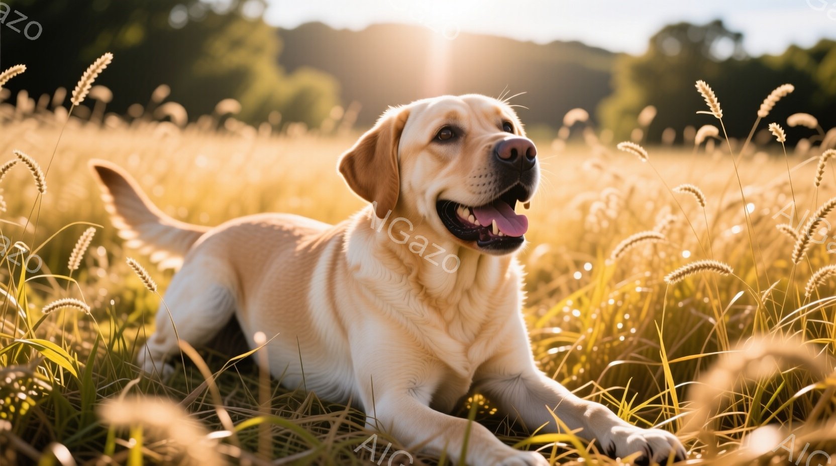 クリーム色のラブラドール・レトリバーが、黄金色の草原に横たわっています。犬は口を開けて微笑み、リラックスした様子でカメラを見ています。背景にはぼやけた緑の木々と、太陽の光が差し込む暖かい自然の風景が広がっています。
