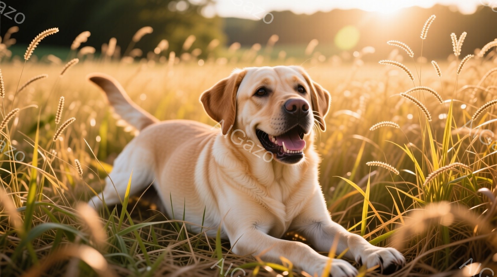 広大な麦畑に横たわるクリーム色のラブラドール・レトリバーが写っている。犬は口を開けて微笑み、リラックスした様子で、穏やかな表情をしている。背景は夕暮れ時の暖かな光に包まれ、自然の中で安らぎを感じさせる雰囲気だ。