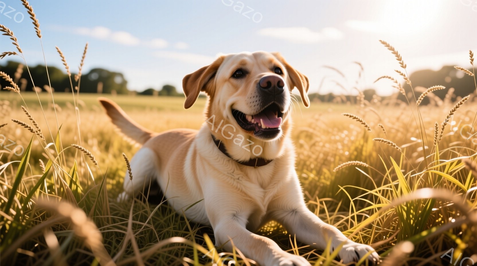黄金色の麦畑に、明るい笑顔のラブラドール・レトリバーが横たわっています。犬は前足を伸ばし、リラックスした様子で、まるで太陽の光を浴びているようです。背景には、緑の木々や穏やかな空が広がり、暖かく平和な雰囲気を醸し出しています。