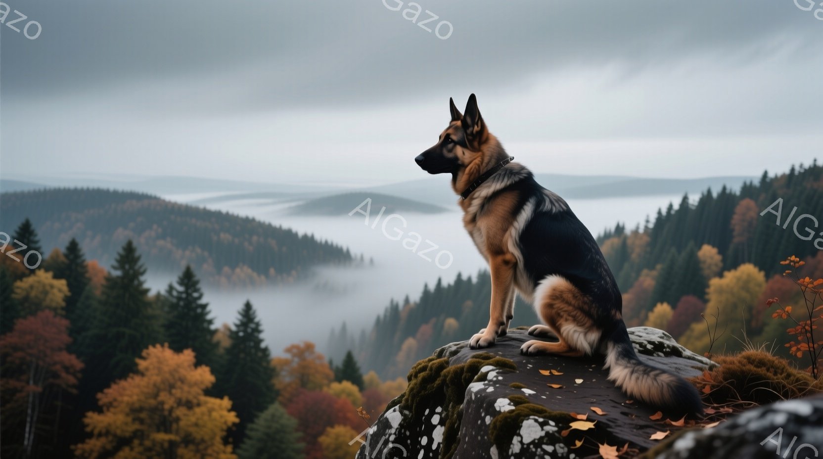 鮮やかな秋色の森林を見下ろすように岩の上に座るジャーマンシェパードが描かれています。霧が立ち込める谷と、紅葉で色づいた木々が広がり、犬は遠くを見つめる落ち着いた表情をしています。全体的に、静寂で神秘的な雰囲気を醸し出しています。