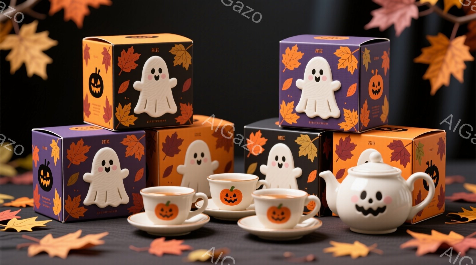 ハロウィーンをテーマにしたティーセットが配置されています。白い陶器製のティーポットとカップ＆ソーサーには、いたずらっぽい笑顔のジャック・オー・ランタンが描かれており、それぞれオレンジと紫色の箱に包まれています。背景には秋の落ち葉が散らばっており、全体的に温かくお祭り気分な雰囲気です。
