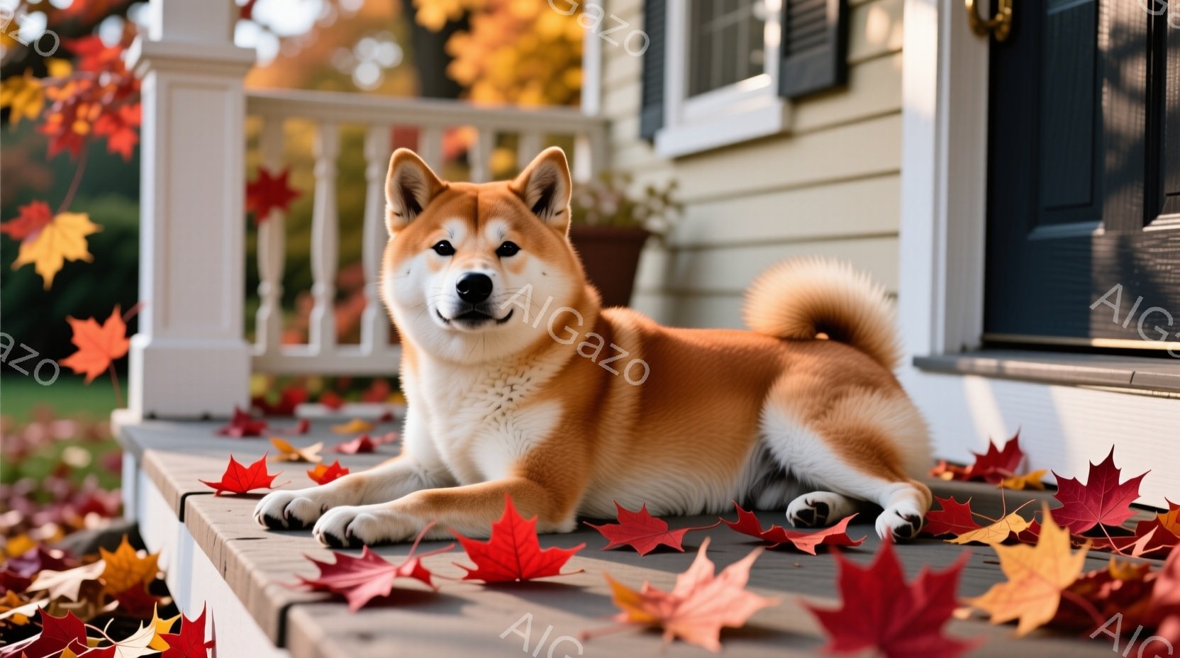 秋の気配が漂う木製のデッキに、赤毛の柴犬がゆったりと横たわっています。鮮やかな紅葉の葉が犬の周りに散らばり、秋の暖かく穏やかな雰囲気を醸し出しています。背景には白い壁の家が見え、穏やかな秋の日の光が差し込んでいます。