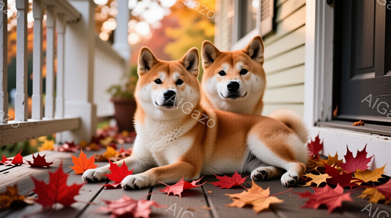 鮮やかな赤色のカエデの葉が敷き詰められたウッドデッキの上に、二匹の秋田犬が並んで座っています。犬たちはリラックスした表情で、まっすぐ前を見つめており、白い足と明るいオレンジ色の毛並みが特徴的です。背景には白い手すりと家の壁が見え、秋の穏やかで暖かな雰囲気が漂っています。