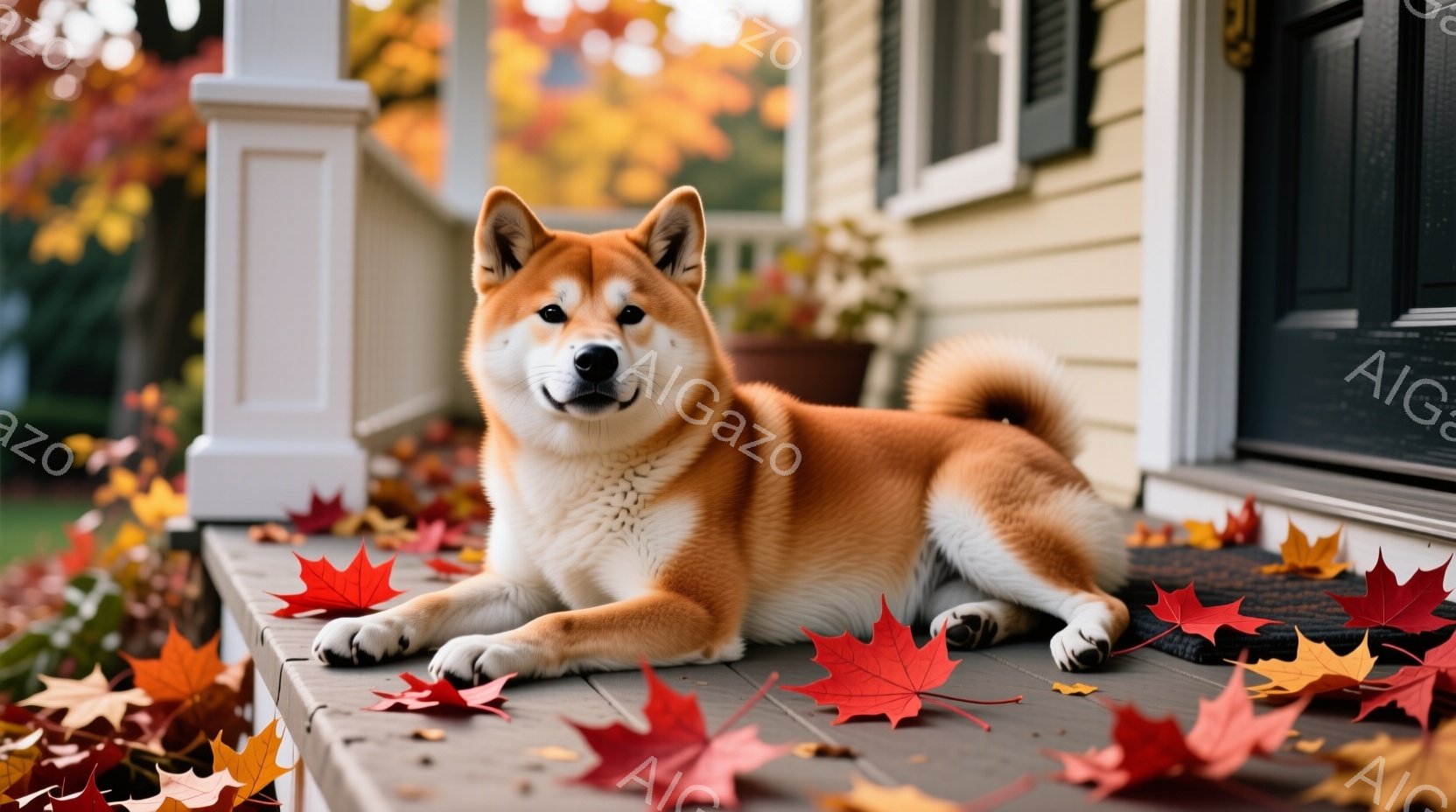 秋のベランダに柴犬が横たわっています。鮮やかな赤や黄色の紅葉がウッドデッキに散らばり、背景にはクリーム色の壁と黒い窓枠の家が見えます。犬はリラックスした表情で、穏やかで暖かさを感じる雰囲気です。