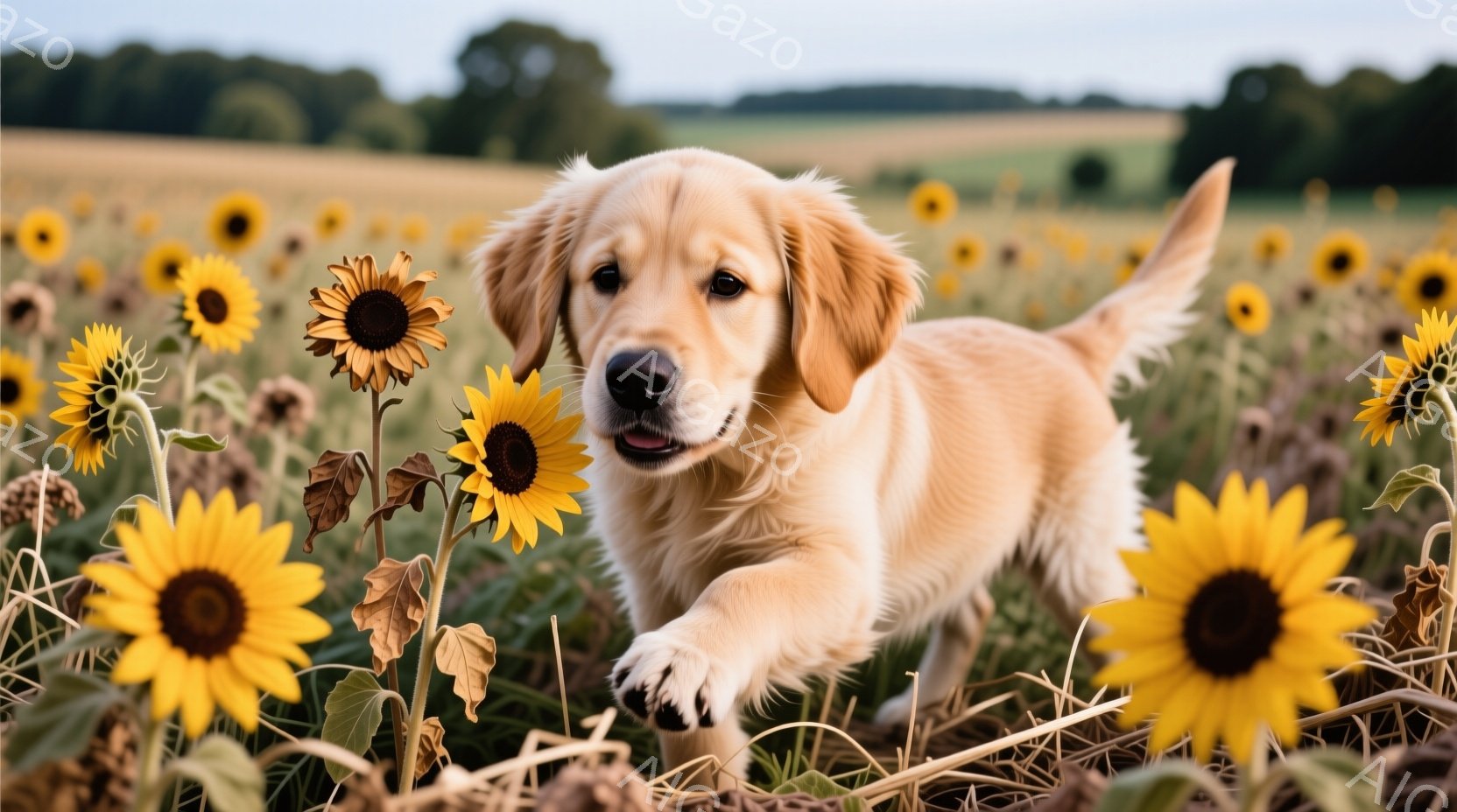 広大なヒマワリ畑を、ふわふわとした金色のレトリバーの子犬が駆け抜けている。子犬は前足を伸ばし、嬉しそうな表情でカメラを見つめている。背景には、さらに多くのヒマワリと緑豊かな草地が広がり、晴天の下、明るく暖かい雰囲気が漂っている。