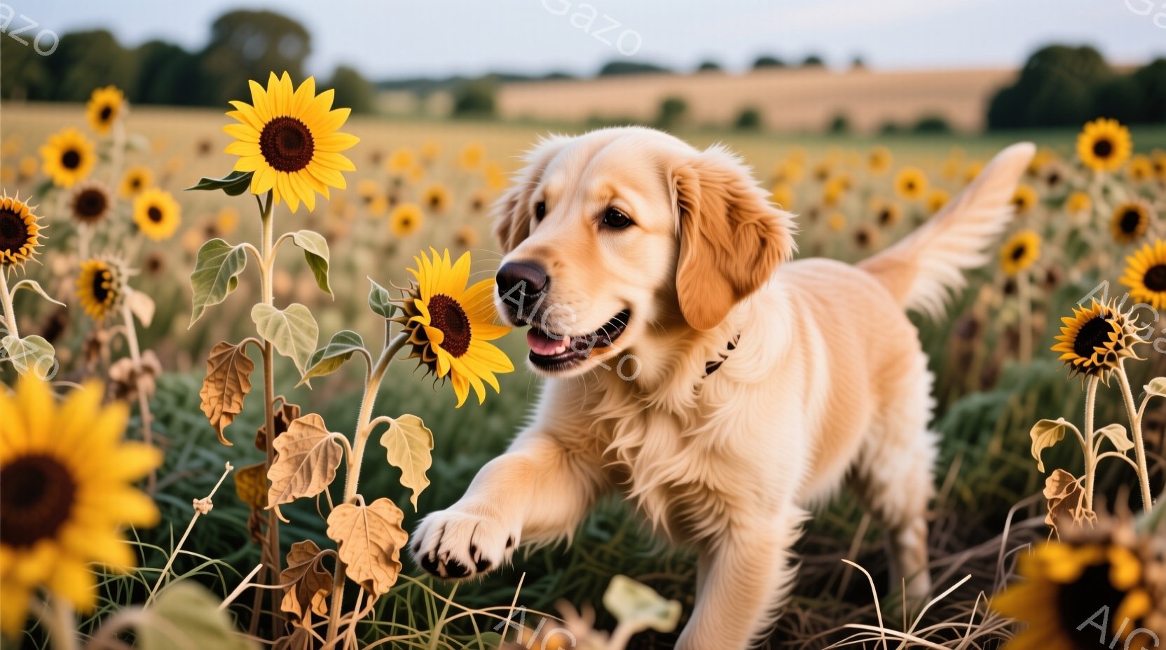 広大なひまわり畑を駆け抜けるゴールデンレトリバーの子犬が写っています。子犬は口を開けて楽しそうに走り、片足を前に伸ばした躍動感のある姿勢です。背景には、多くのひまわりが咲き乱れ、青空と緑の葉が広がって - AI生成フリー素材
