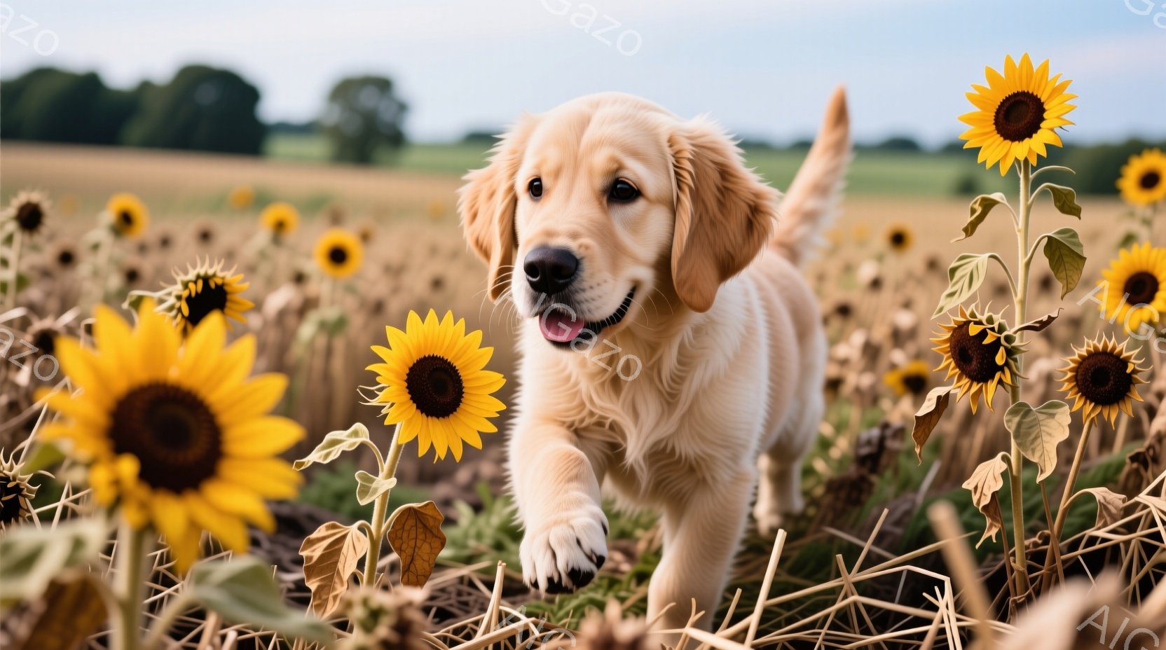 黄金色の毛並みのゴールデンレトリバーの子犬が、ひまわりの畑の中を駆けている。子犬は口を開けて楽しそうに笑い、活発で遊び心に満ちた様子が伺える。背景には一面に広がるひまわり畑と、ぼんやりとした緑の風景が - AI生成フリー素材