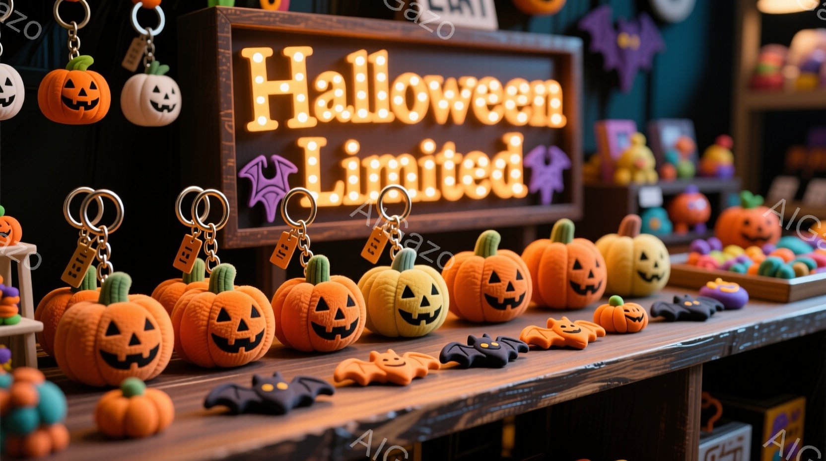 ハロウィーンのキーホルダーや置物が棚に並べられています。オレンジ色のカボチャのキーホルダーや、黒いコウモリの置物、様々な形のハロウィーングッズが所狭しと並べられ、賑やかな雰囲気を醸し出しています。背景には「HALLOWEEN LIMITED」と書かれたネオンサインがあり、季節感と特別感を演出しています。