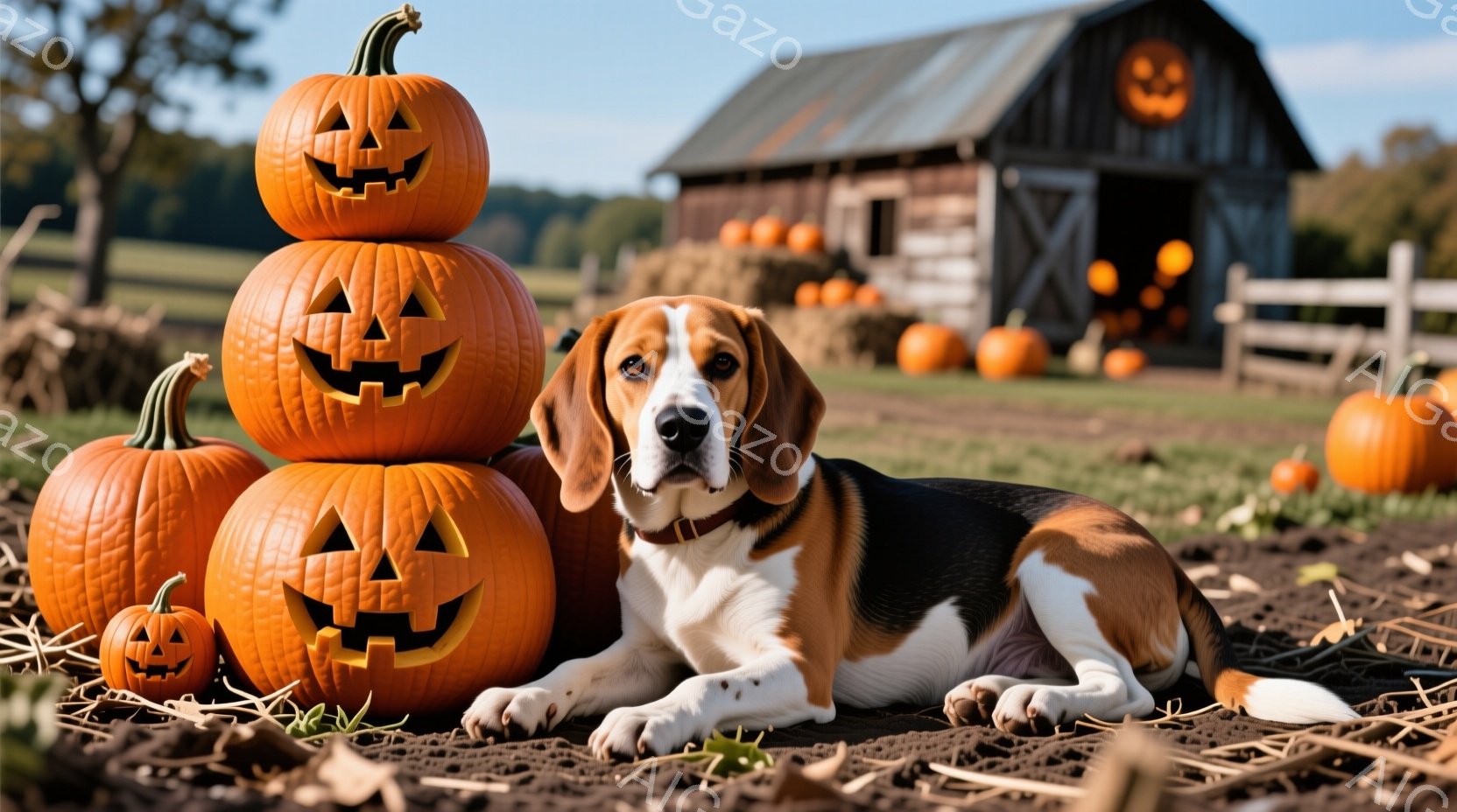 ビーグル犬が、ハロウィーンの時期に彫られたジャック・オー・ランタンの山々と農場の背景に横たわっています。犬は落ち着いた表情で、茶色の首輪をつけています。背景には、オレンジ色のカボチャで飾られた木製の農 - AI生成フリー素材