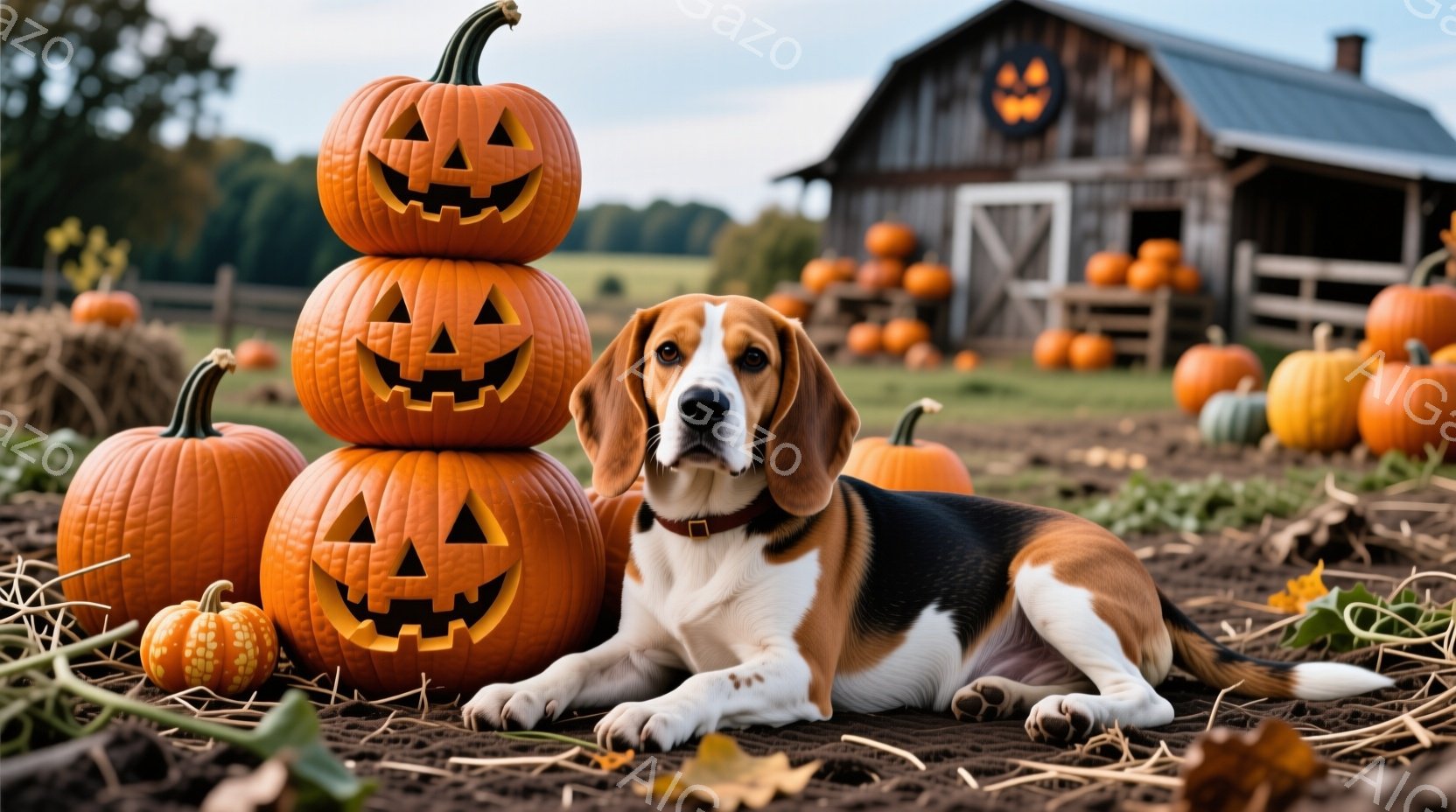 茶色と白のビーグル犬が、ハロウィーンのために彫刻されたジャック・オー・ランタンの積み重ねの横に横たわっています。背景には、たくさんのカボチャが並び、木製の納屋が見えます。全体的に、秋の収穫祭とハロウィーンの温かく、牧歌的な雰囲気が漂っています。