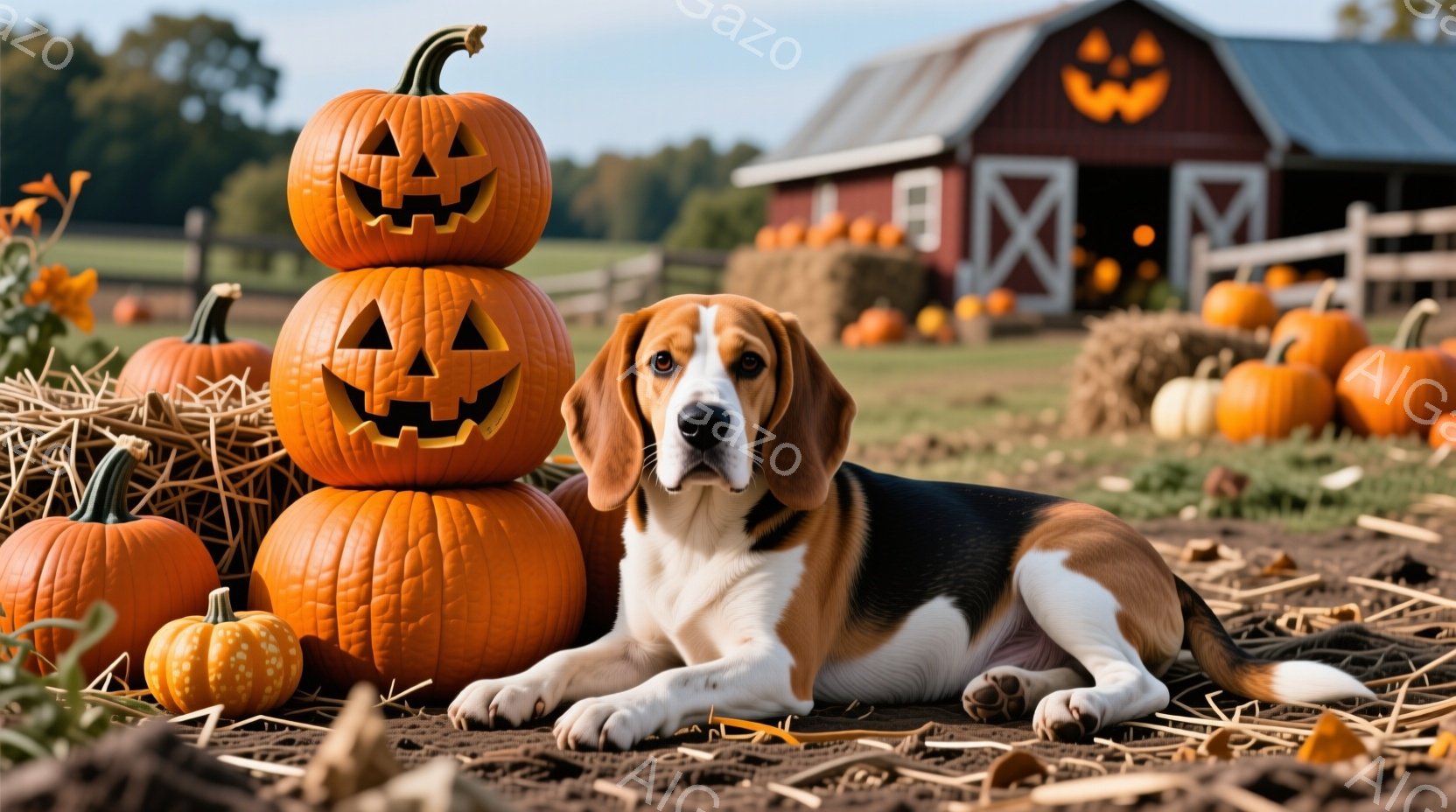 鮮やかなオレンジ色のカボチャが積み重ねられ、その横にビーグル犬が横たわっています。背景には赤い農家小屋と干し草の俵が並び、秋の収穫祭の雰囲気が漂います。犬はリラックスした表情で、穏やかで暖かな秋の日の情景が描かれています。