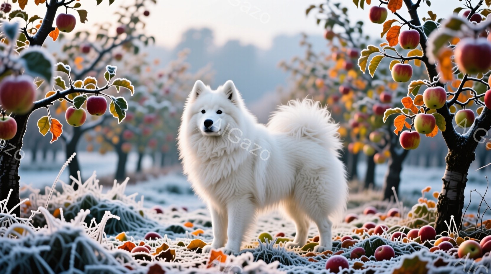 白い毛並みの大型犬が、赤いリンゴがたくさん落ちている果樹園の間に立っている。犬は正面を向き、凛々しい表情で、雪や霜で覆われた地面とリンゴに囲まれている。背景にはリンゴの木々が並び、朝焼けのような柔らかな光が全体を包み込み、静かで幻想的な雰囲気を醸し出している。
