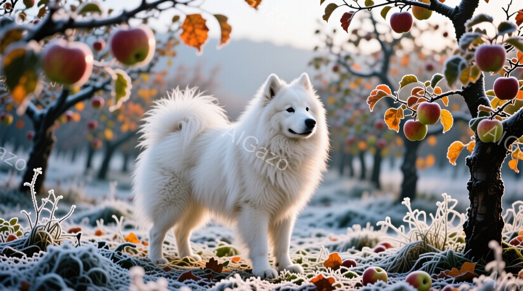 白い毛並みの大きな犬が、霜が降りたリンゴ園の中に立っている。犬は自信に満ちた表情で正面を見据え、毛並みが美しく、堂々とした姿勢を見せている。背景には、リンゴの実をつけた木々が並び、霜で覆われた地面と、薄明るい空気が、冬の静寂で冷たい雰囲気を醸し出している。