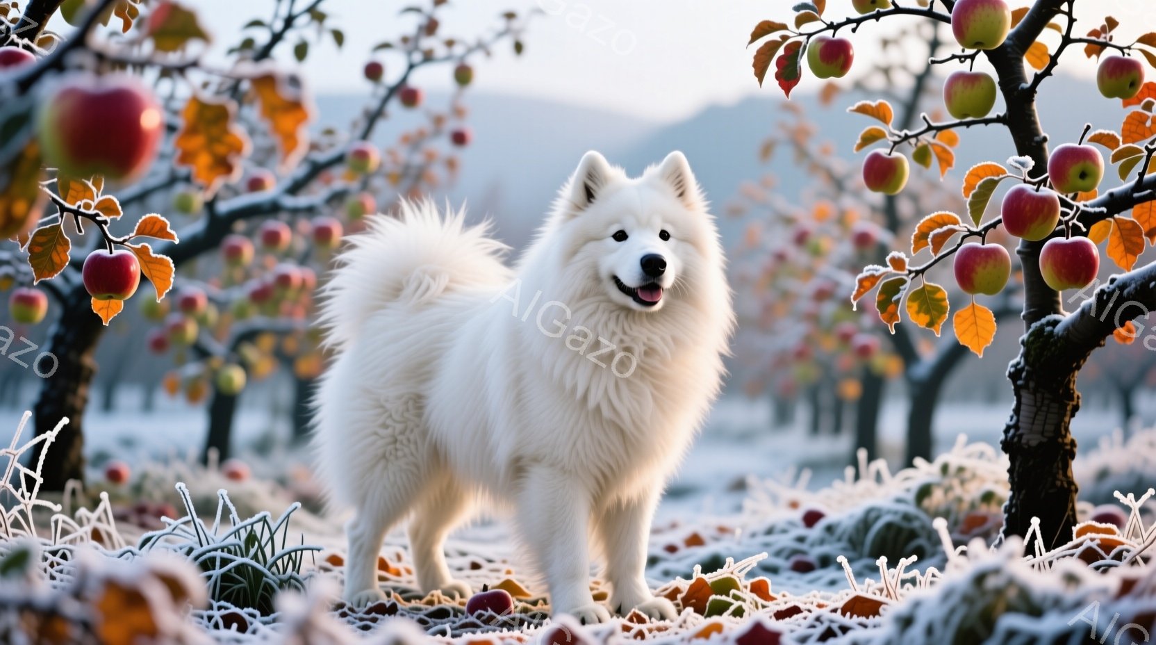 白くふわふわとしたサモエド犬が、霜で覆われた草の上に堂々と立っている。背景には、赤いリンゴが実った木々が立ち並び、霜の積もった地面と相まって、冬の静寂で幻想的な雰囲気を醸し出している。犬は穏やかな表情 - AI生成フリー素材