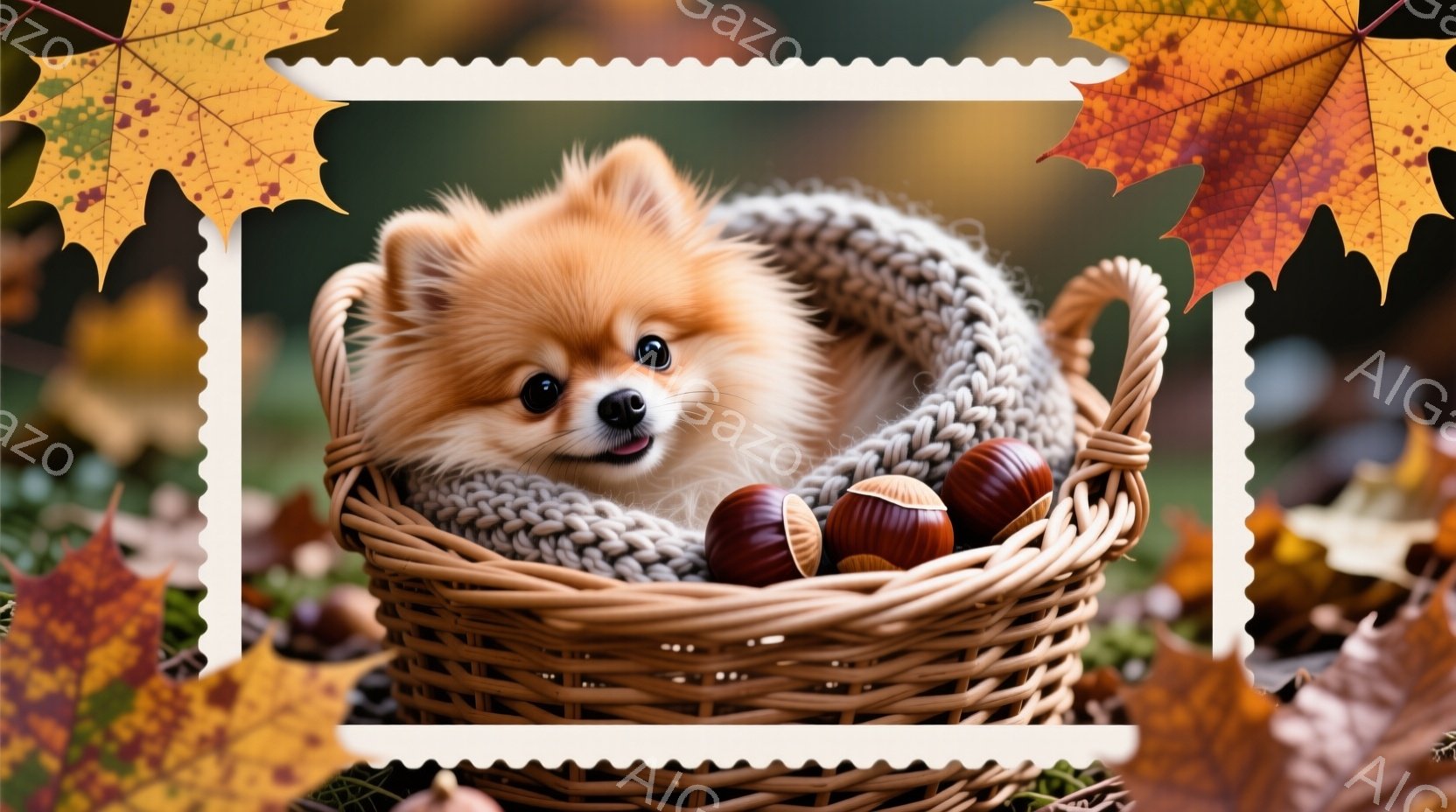 ふわふわの茶色の毛並みを持つポメラニアンが、編み物のセーターのようなもので包まれたバスケットの中に座っています。可愛らしい表情でカメラを見つめており、周りには栗が散りばめられています。背景は落ち葉で覆われ、秋の穏やかな雰囲気を醸し出しています。
