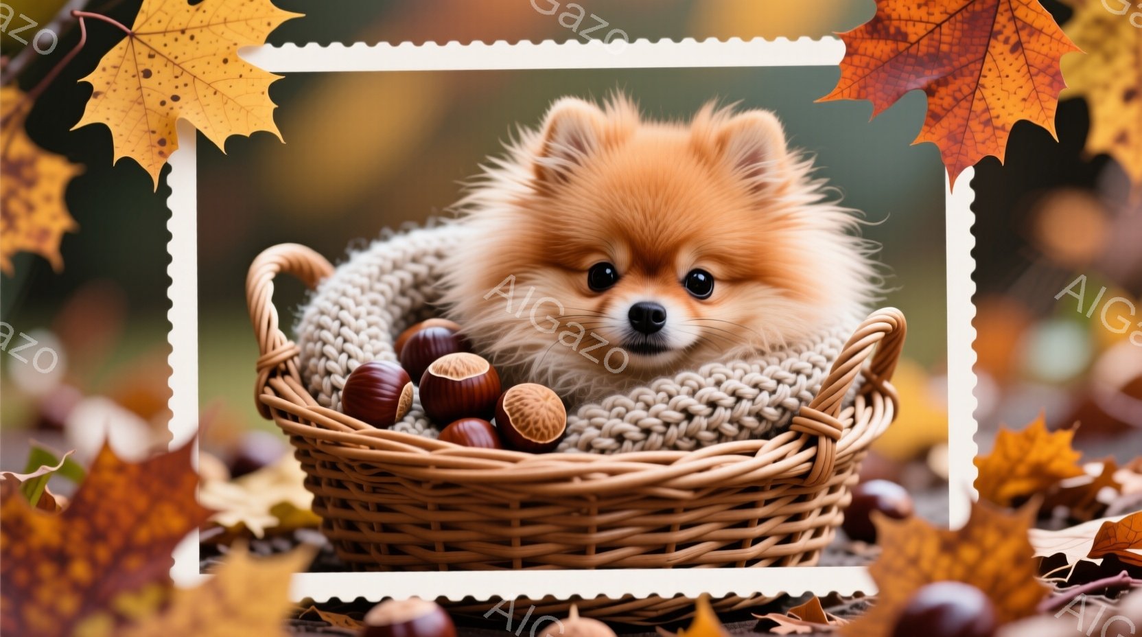 ふわふわの茶色の毛並みを持つ、小型犬のポメラニアンが、かごの中に丸まって座っています。かごの中には、栗がいくつか転がっており、暖かさと秋の雰囲気を醸し出しています。背景はぼかされており、秋の落ち葉が散らばっている様子が伺え、全体的に穏やかで可愛らしい印象を与えます。