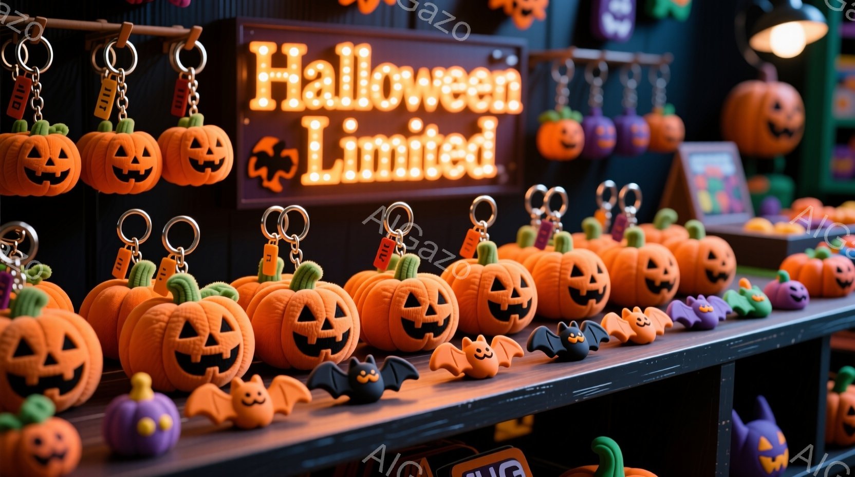 ハロウィーン限定のキーホルダーやぬいぐるみが棚に並べられています。オレンジ色のジャック・オー・ランタン、紫色のゴースト、黒色のバットなど、様々な種類の可愛らしいハロウィーンアイテムが所狭しと並んでおり - AI生成フリー素材
