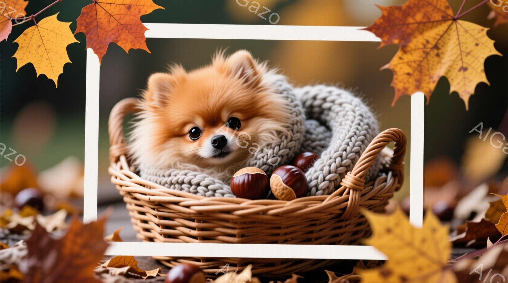 ふわふわの茶色の毛並みを持つ小型犬が、編み物のセーターのようなもので包まれた籠の中に丸まって座っています。犬は少し上を見て、好奇心と穏やかさの表情を浮かべています。背景には木々や落ち葉が見え、秋の暖かく柔らかな雰囲気を醸し出しています。