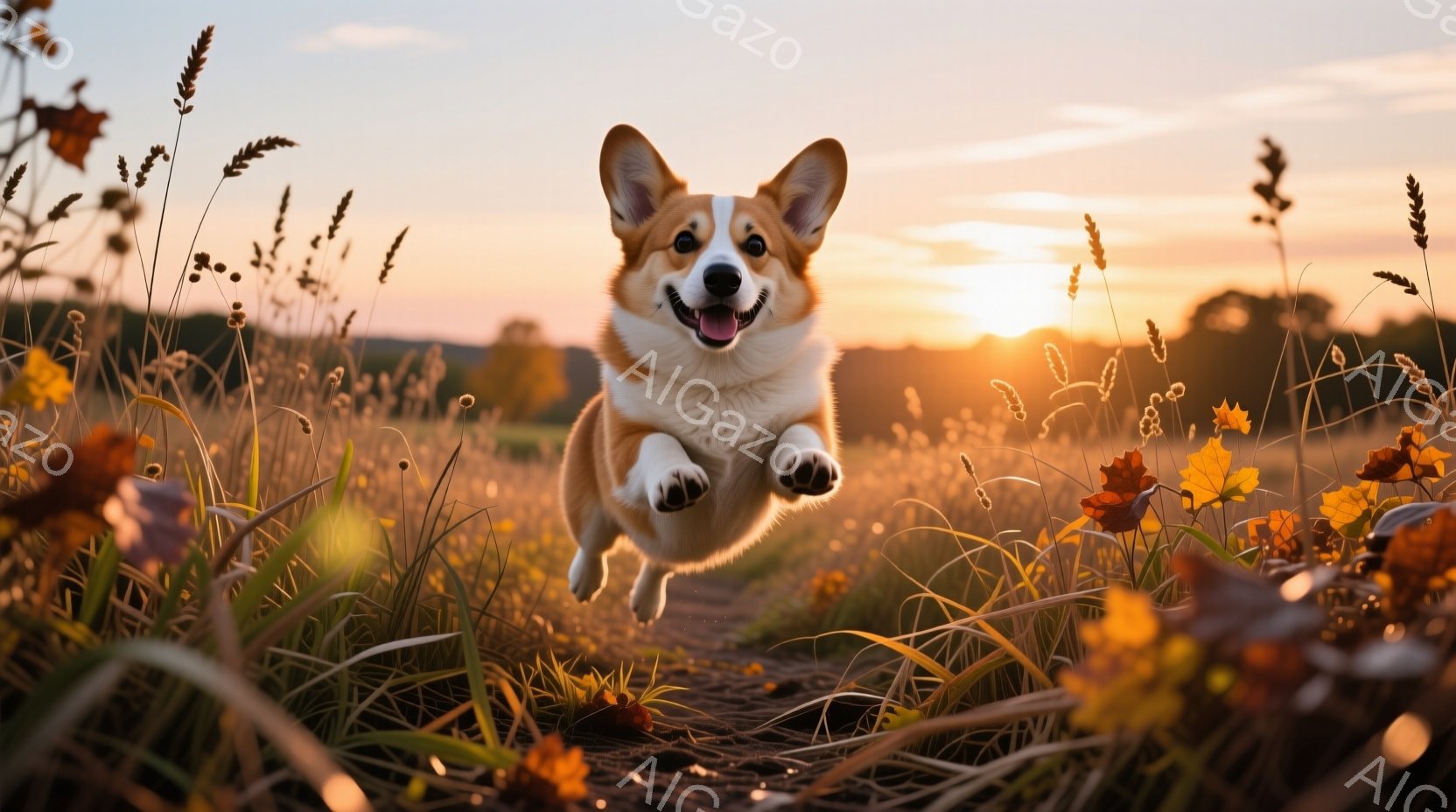 金色の夕焼けを背景に、コーギー犬が草原を飛び越えている様子が写っている。犬は口を開けて楽しそうに微笑み、両手足を広げて活発に空中でポーズをとっている。背景には、秋の乾燥した草や花が広がり、温かく穏やか - AI生成フリー素材