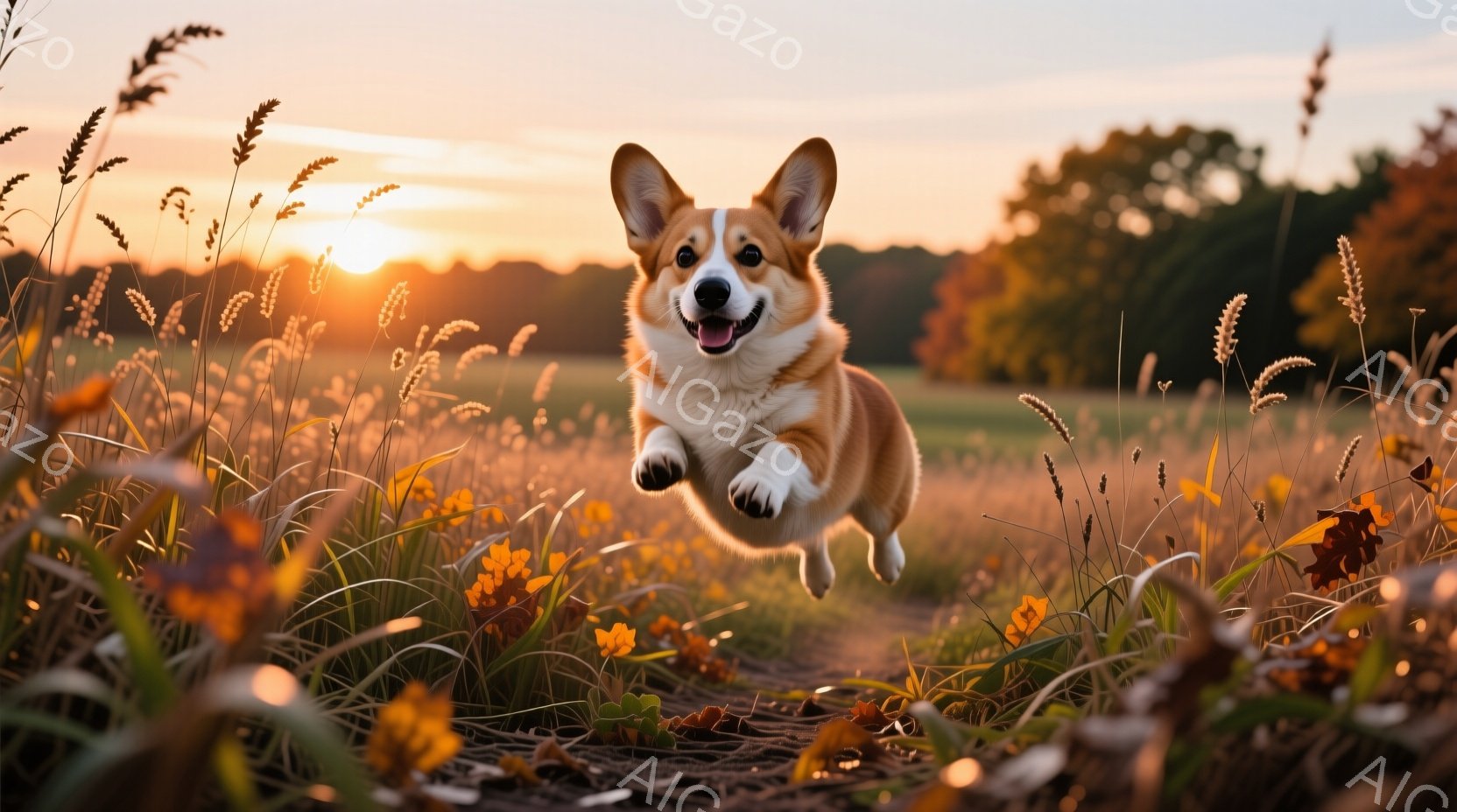金色の草木が生い茂る野原を、コーギー犬が飛び跳ねて楽しんでいる様子が写されている。夕焼け空が背景に広がり、暖かく優しい光が犬を照らしている。犬は口を開けて笑顔を見せており、活気に満ちた秋の雰囲気を醸し出している。