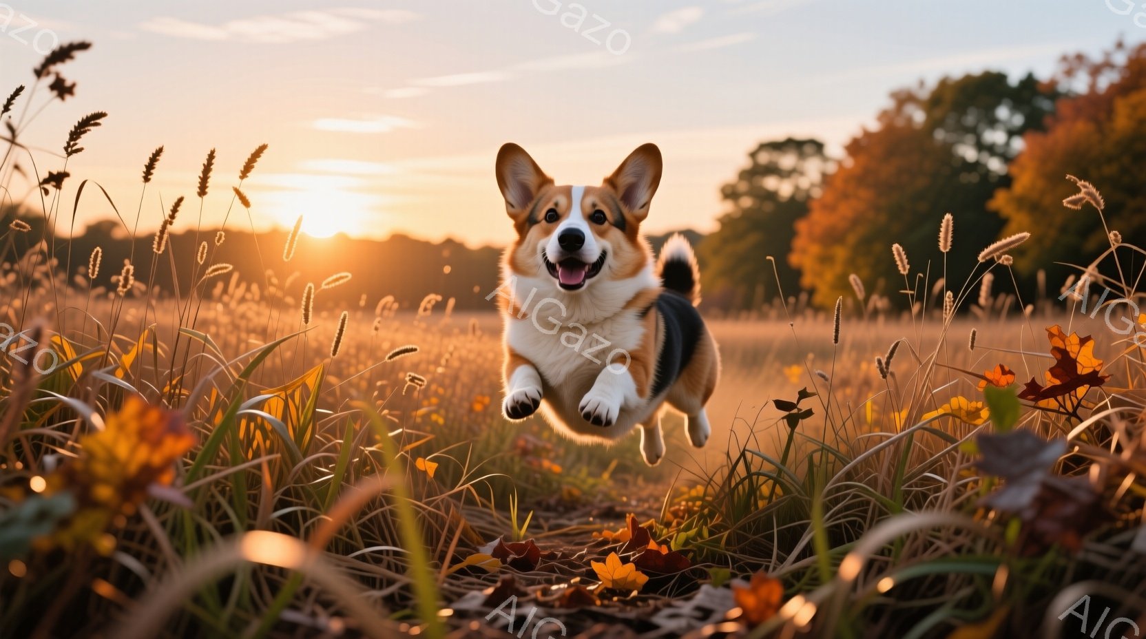 コルギ犬が、秋の草原を飛び越えている様子が捉えられています。背景には夕焼けが広がり、草木がオレンジ色や茶色に染まっています。犬は嬉しそうに口を開け、活気に満ちた秋の雰囲気を表現しています。 - AI生成フリー素材