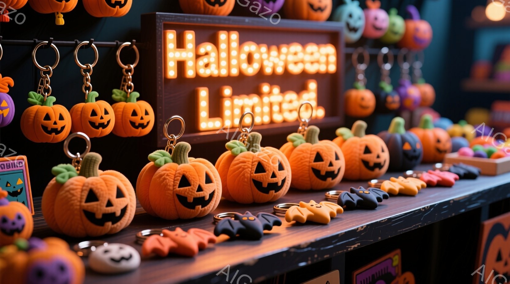 ハロウィーンのキーホルダーやアクセサリーが棚に並べられています。オレンジ色のジャック・オー・ランタンのキーホルダーが目立ち、黒い猫や紫色の幽霊のチャームも混ざっています。背景には「Halloween Limited」と書かれた看板があり、ハロウィーンのイベントや期間限定販売を暗示しています。
