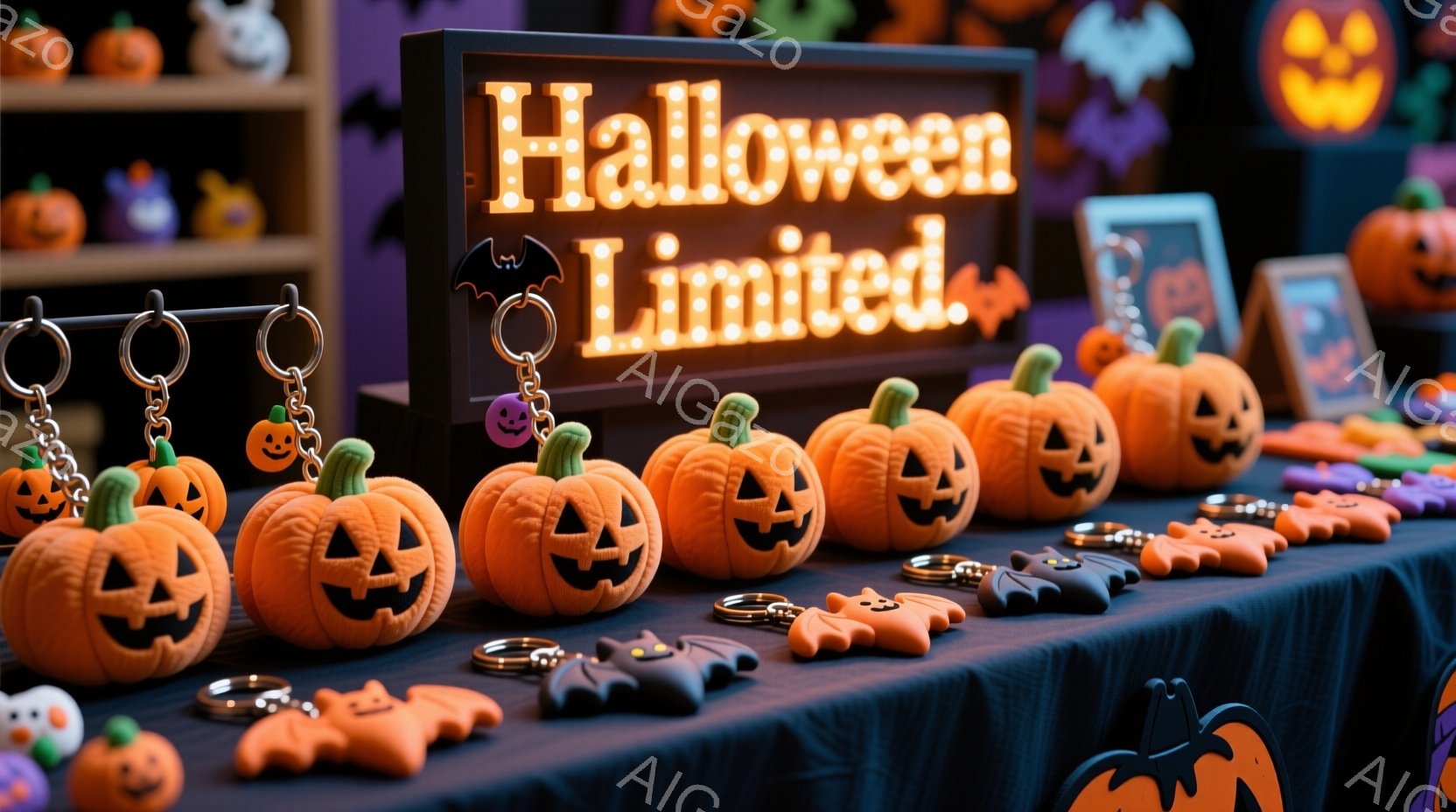 暗い青色のテーブルの上に、ハロウィンのカボチャのキーホルダーやバットの飾りなどが並べられています。背景には、より多くのハロウィーンの装飾がぼんやりと見え、鮮やかなオレンジ色と黒色が目立ちます。「LIMITED」と光る看板が設置されており、ハロウィーン限定商品の展示を強調しています。全体的に、ハロウィーンの楽しい雰囲気が漂うディスプレイです。