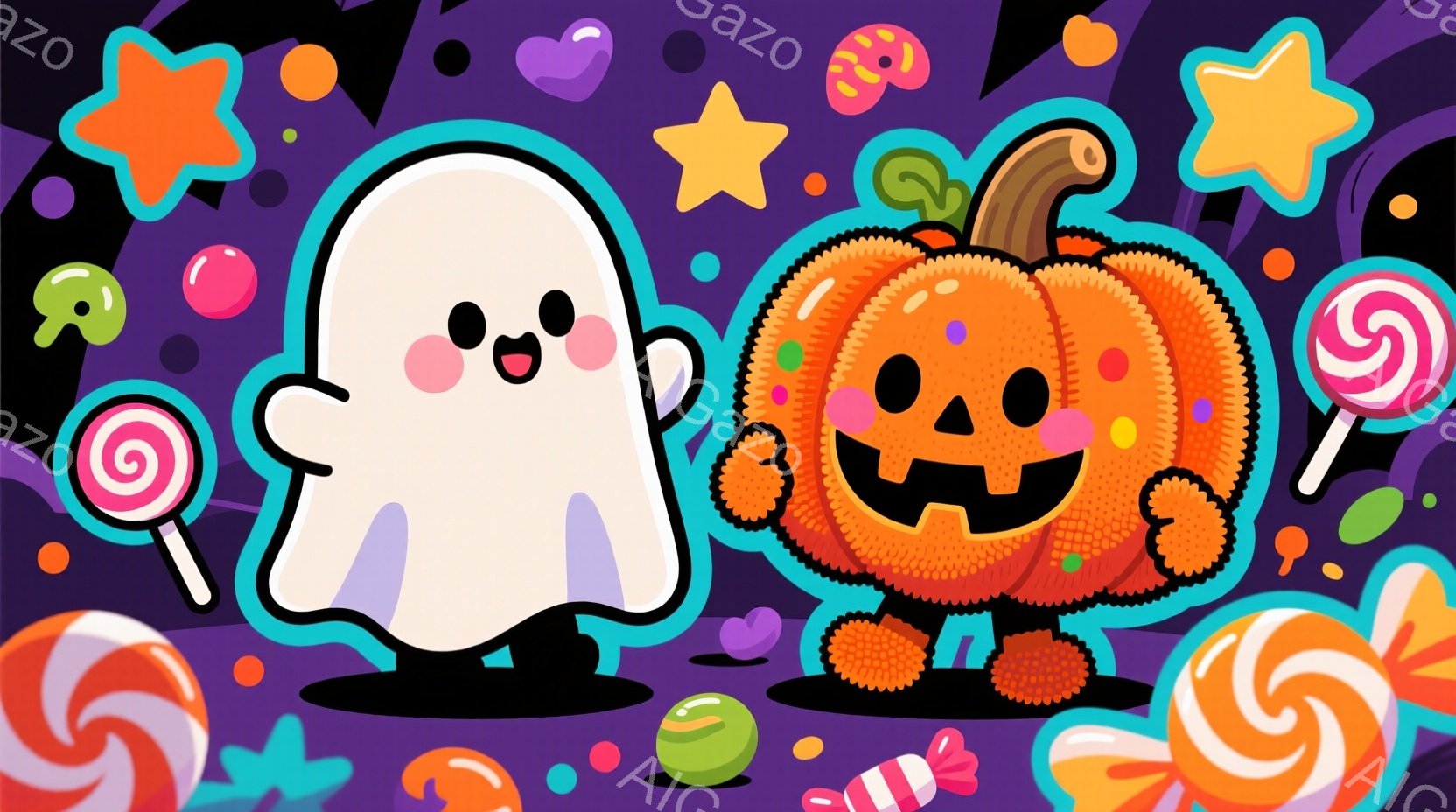 ハロウィーンをテーマにした可愛らしいイラストです。白い幽霊とジャック・オー・ランタンが、キャンディーや星、ハートの形をしたお菓子に囲まれており、背景は紫色のグラデーションで、お祭り気分を盛り上げていま - AI生成フリー素材