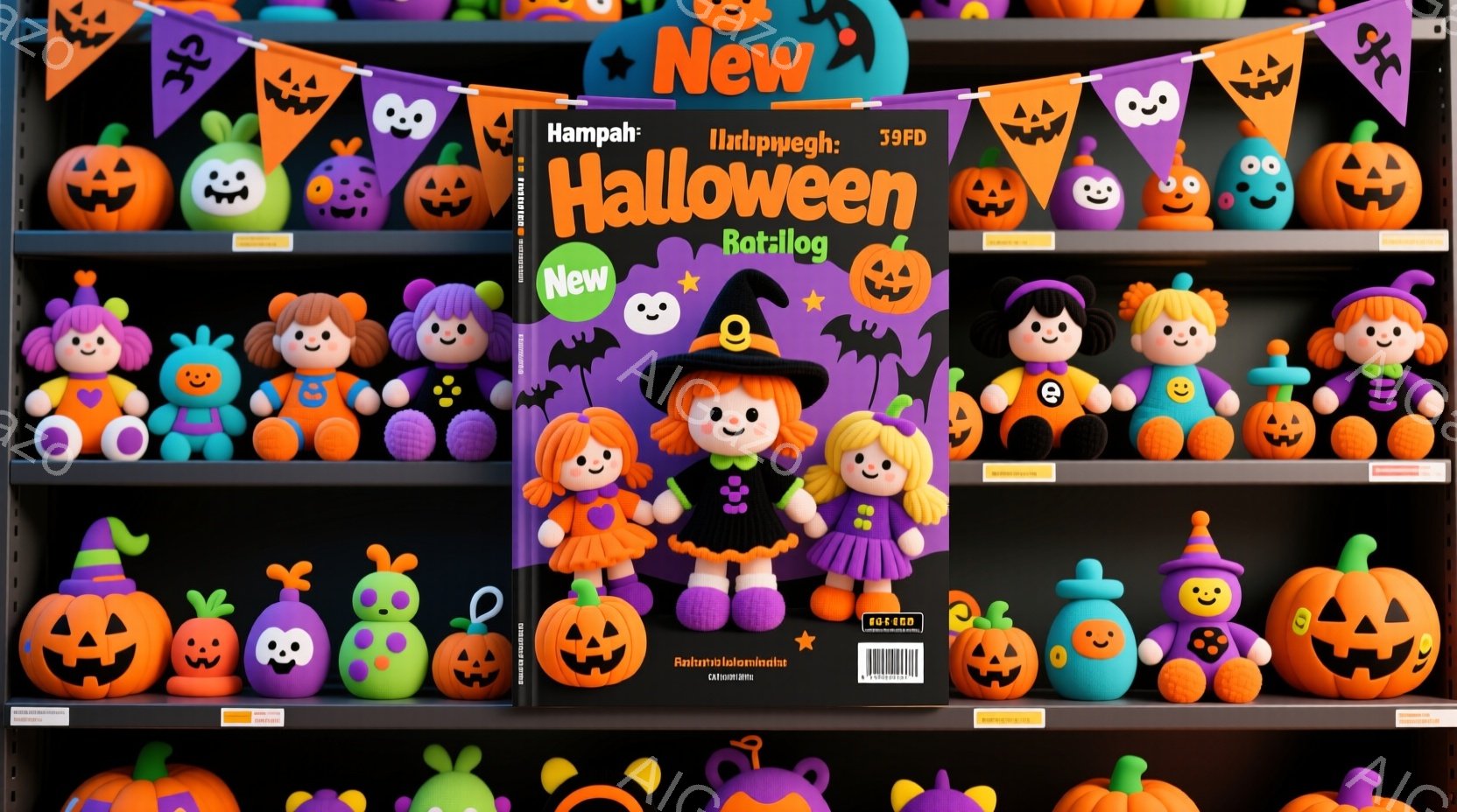 本棚には、ハロウィーンをテーマにした様々な人形が並んでいます。それぞれの人形は異なる色の衣装と、可愛らしい表情をしています。背景は黒で、オレンジ色のカボチャや紫色の飾りでハロウィーンの雰囲気が盛り上が - AI生成フリー素材