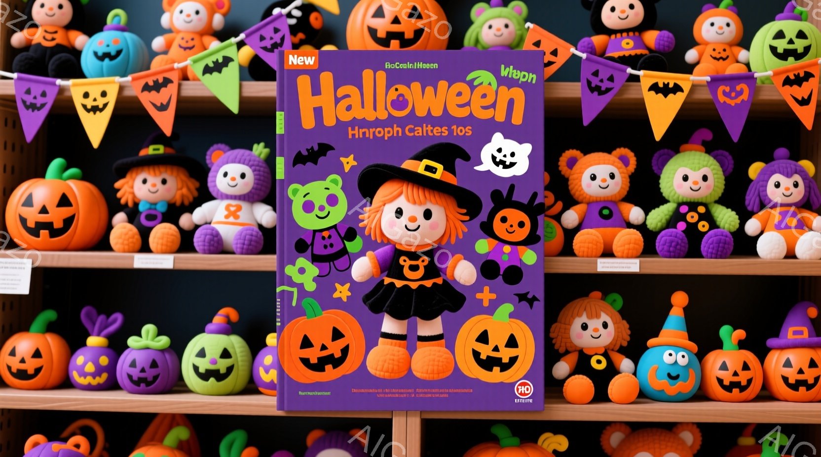 本棚には様々なハロウィーンの置物が並べられています。中央には、オレンジ色の髪に黒い帽子をかぶり、カボチャの衣装を着た可愛らしい女の子が描かれた本があります。全体的に明るく、お祝いの雰囲気で、楽しいハロ - AI生成フリー素材