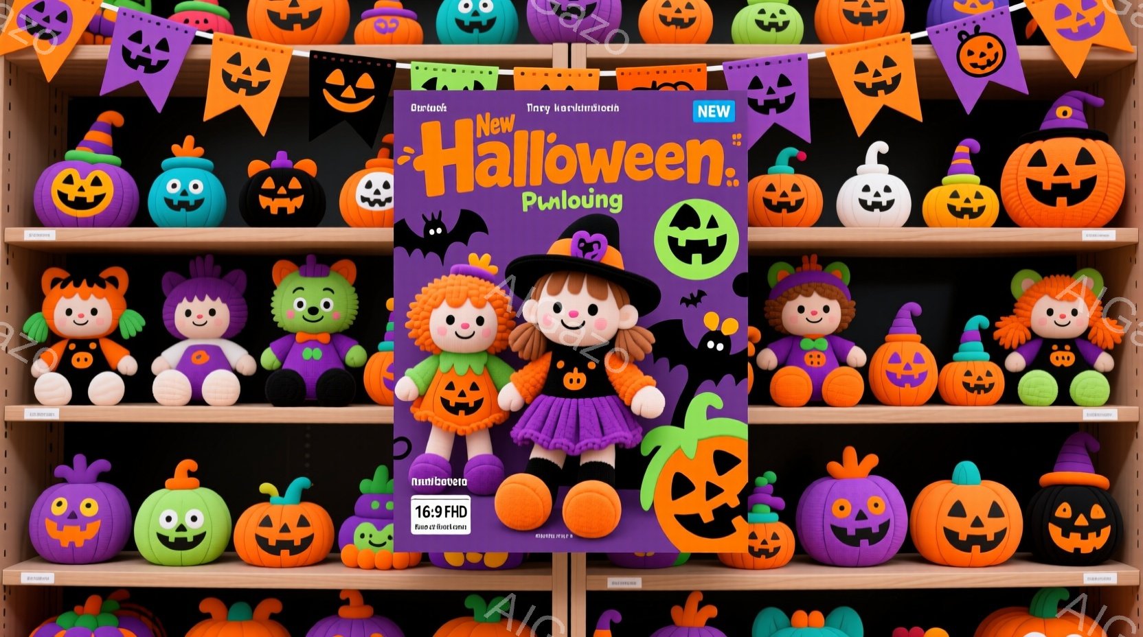 鮮やかなオレンジ、紫、緑色の背景に、様々なハロウィーンの飾り付けが整然と並べられています。可愛らしい人形たちはそれぞれ異なる衣装と髪型で、楽しげな表情を浮かべています。背景には、ハロウィーンを象徴する - AI生成フリー素材