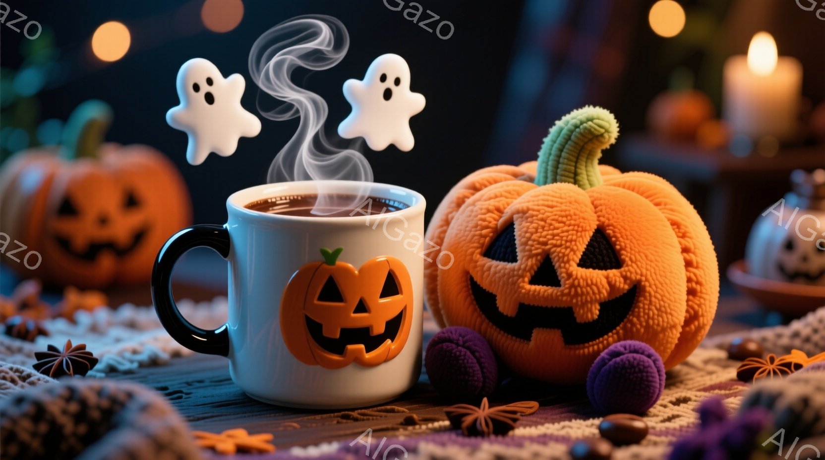 ハロウィーンをテーマにした静物画で、温かい飲み物が入った白いマグカップと、かぼちゃの形をしたふわふわのぬいぐるみが描かれています。マグカップからは湯気が立ち上り、周りにはハロウィーンらしい紫色の飾りや小さなカボチャが散りばめられています。全体的に暖かく、秋らしい雰囲気で、お祝いの季節の穏やかな喜びが表現されています。